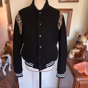 Black Varsity Jacket with Leopard Print Accents